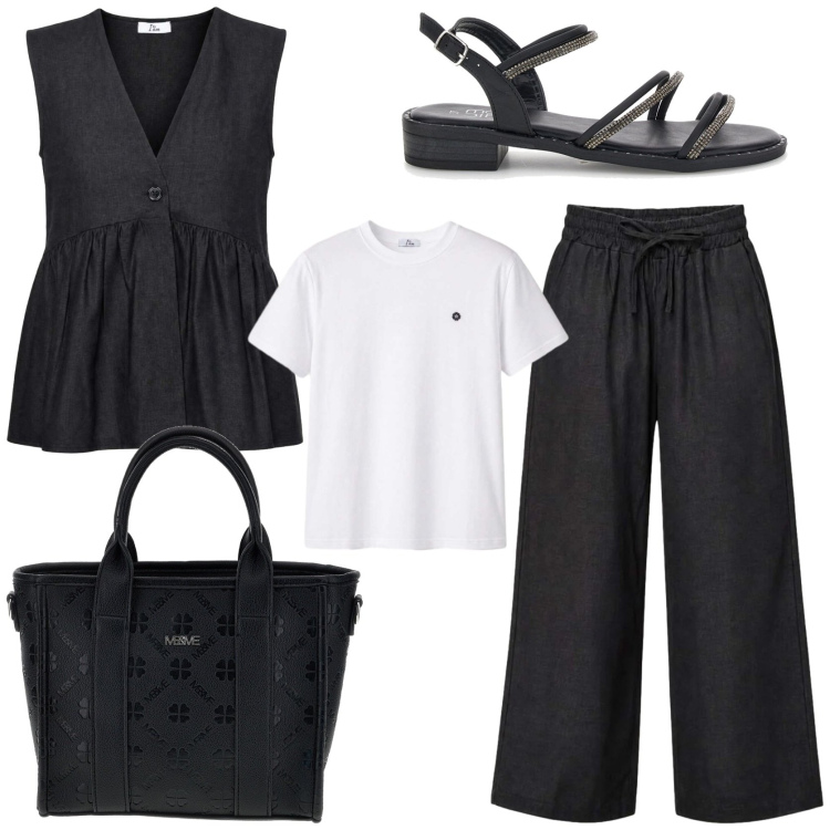 Outfit donna - Il completo fresco e comodo. Stile Casual chic per Tutti i giorni. Abbinamento con gilet, t-shirt, pantaloni, sandali, borse a tracolla.