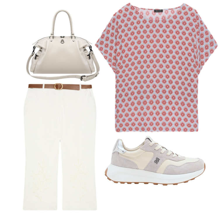 Outfit donna - Blusa stampa geometrica. Stile Basic per Tutti i giorni. Abbinamento con shopping bag, t-shirt, pantaloni, sneakers.