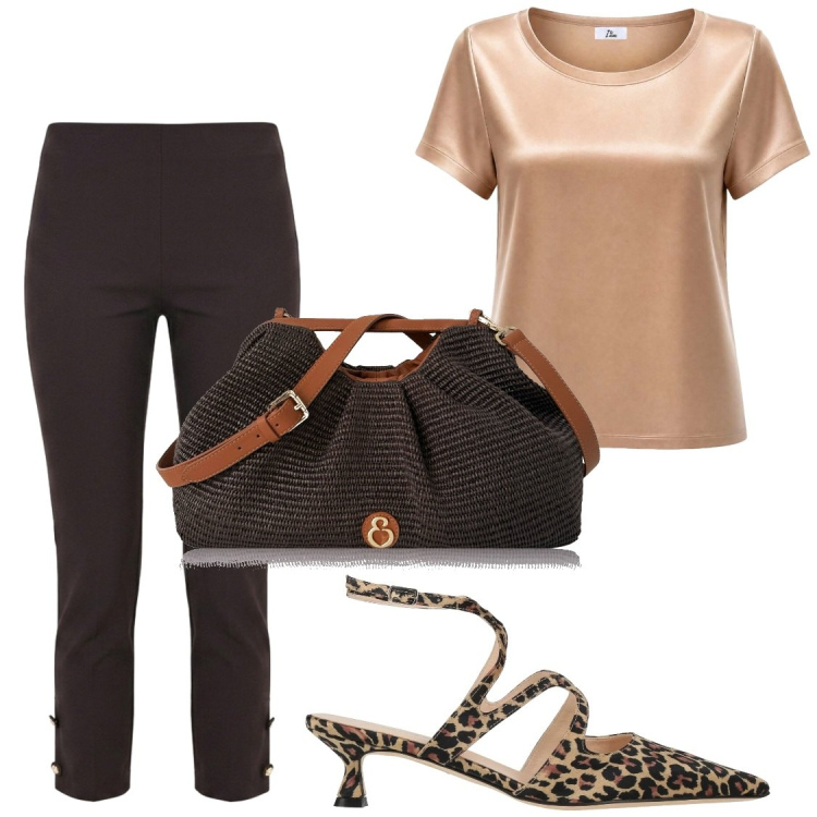 Outfit donna - Maculato e seta su Ankle pants. Stile Chic per Serata fuori. Abbinamento con décolleté, t-shirt, clutch, pantaloni capri.