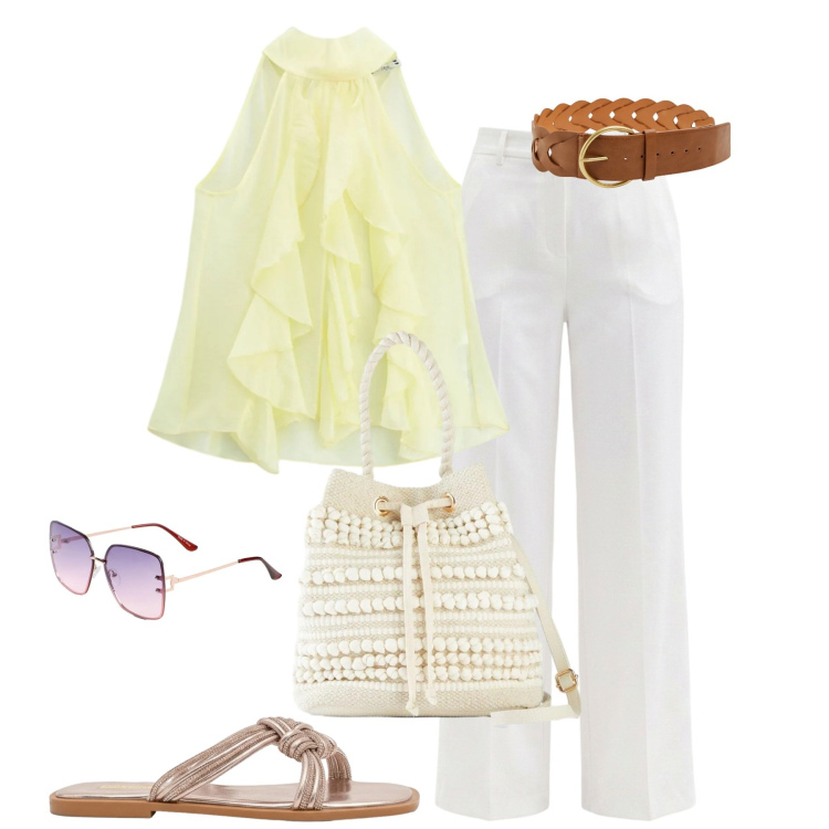 Outfit donna - Luglio. Stile Casual chic per Tutti i giorni. Abbinamento con occhiali da sole, borse a secchiello, cinture, pantaloni, sandali, top.