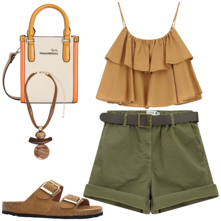 Outfit donna - Luglio. Stile Casual chic per Tutti i giorni. Abbinamento con ciabatte, borse tote, ciondoli, shorts, top.
