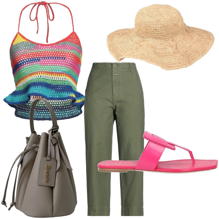 Outfit donna - Happy day. Stile Boho per Tutti i giorni. Abbinamento con top, pantaloni, cappelli, ciabatte, borse a secchiello.