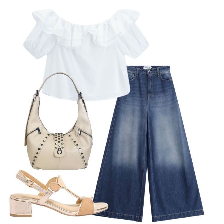 Outfit donna - Jeans e t-shirt. Stile Boho per Tutti i giorni. Abbinamento con sandali col tacco, borse a spalla, bluse, jeans.