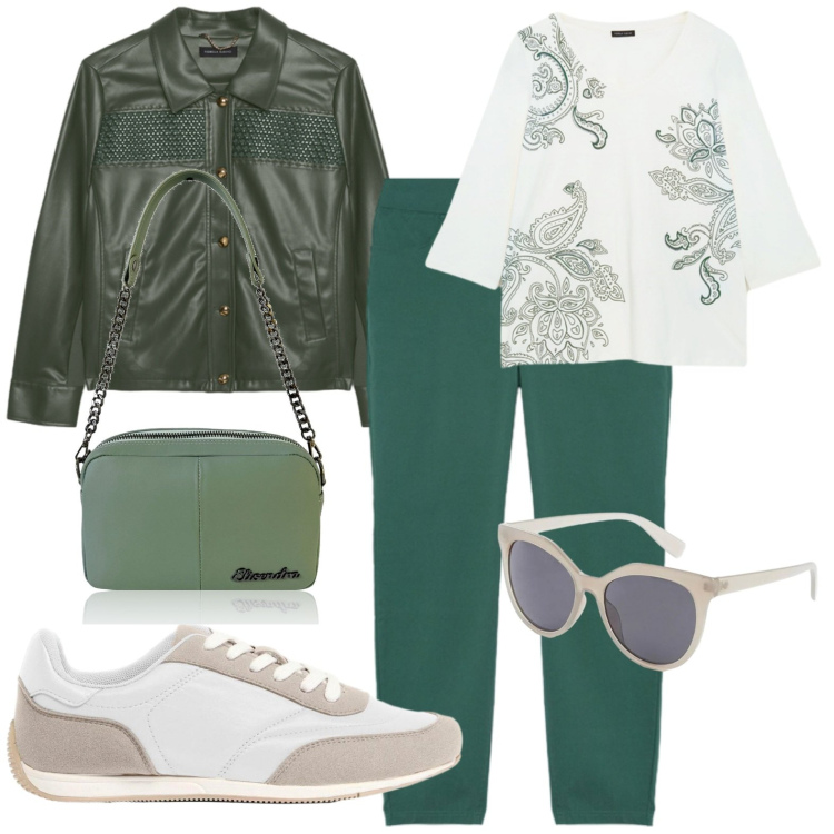 Outfit donna - Sporty. Stile Sporty chic per Tutti i giorni. Abbinamento con sneakers, occhiali da sole, borse a tracolla, t-shirt, pantaloni skinny, blazer.