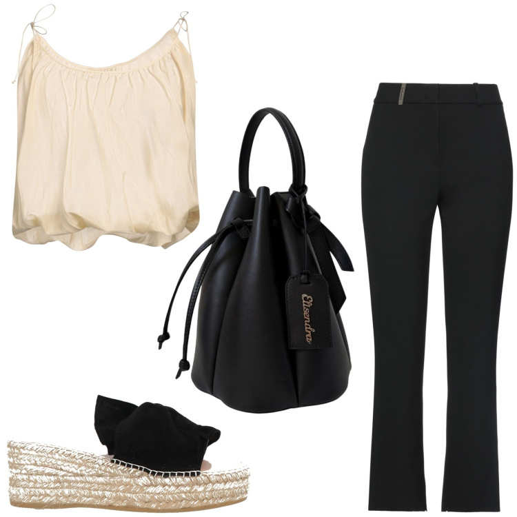 Outfit donna - Summer style ideas. Stile Casual chic per Tutti i giorni. Abbinamento con pantaloni, top, espadrillas, borse a secchiello.