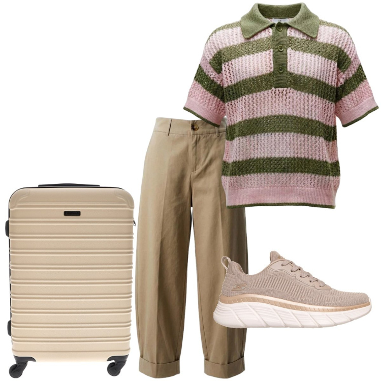 Outfit donna - In partenza. Stile Basic per Tutti i giorni. Abbinamento con pantaloni, polo, sneakers, valigie.