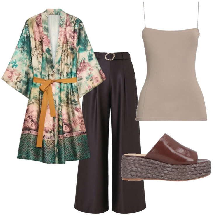 Outfit donna - Total look #2438216. Stile Glamour per Tutti i giorni. Abbinamento con top, sandali in pelle, pantaloni a palazzo, kimono.