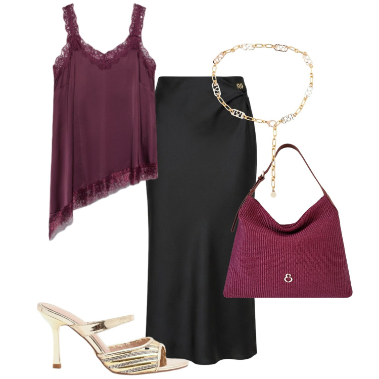 Outfit donna - Aperitivo chic curve morbide. Stile Chic per Serata fuori. Abbinamento con borse a spalla, top, gonne longuette, cinture, sabot.