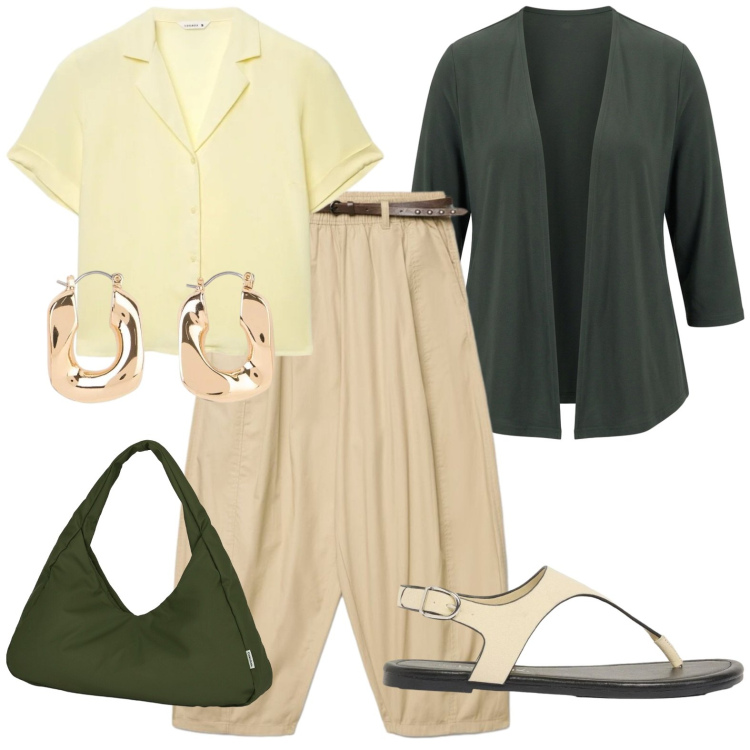 Outfit donna - Casual. Stile Casual per Tutti i giorni. Abbinamento con orecchini, infradito, camicie a manica corta, pantaloni, blazer, borse a spalla.