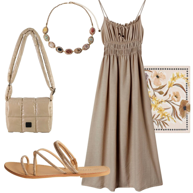 Outfit donna - Summer. Stile Casual per Tutti i giorni. Abbinamento con vestiti lunghi, sandali, foulard, collane, borse a spalla.