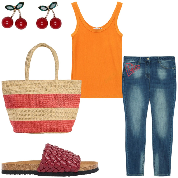 Outfit donna - Total look #2438226. Stile Casual per Tutti i giorni. Abbinamento con shopping bag, ciabatte, blazer, jeans skinny, top.