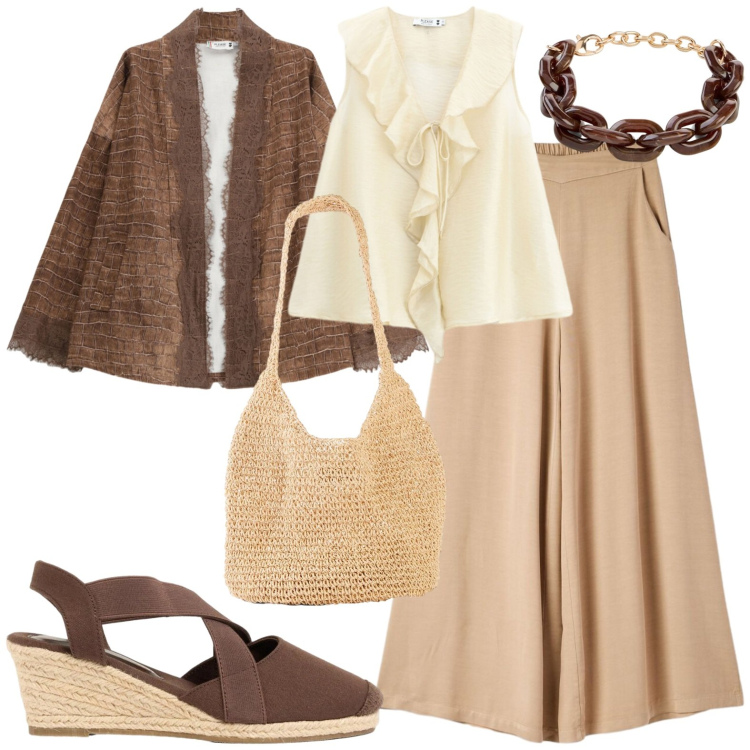 Outfit donna - Total look #2438230. Stile Casual per Tutti i giorni. Abbinamento con zeppe, shopping bag, braccialetti, pantaloni, top, cappotti.