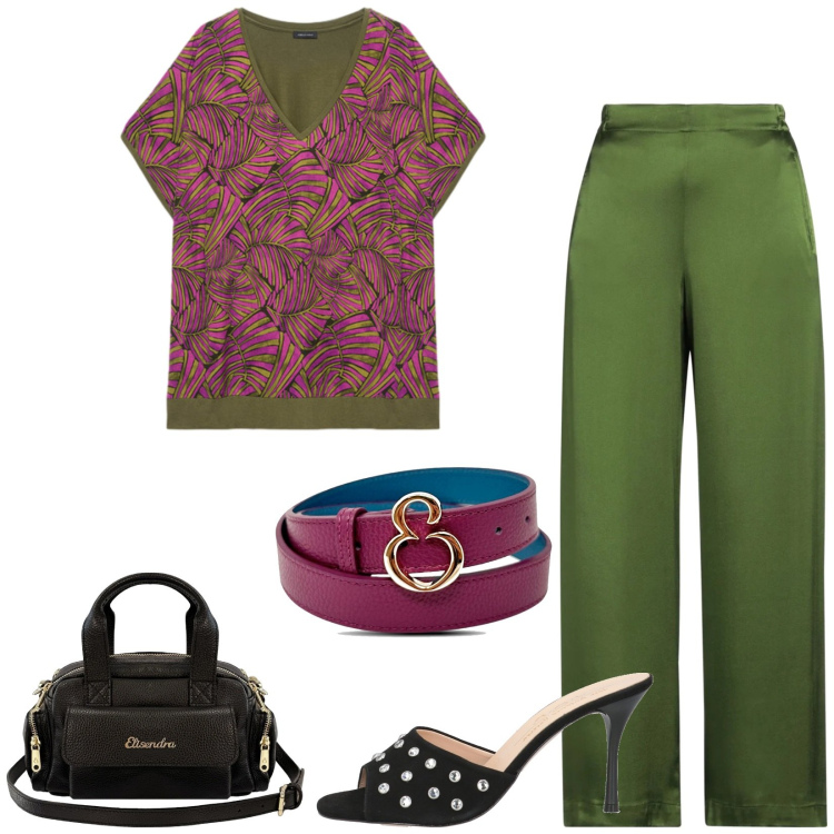 Outfit donna - Total look #2438231. Stile Chic per Serata fuori. Abbinamento con pantaloni, sandali in pelle, borse a mano, cinture, t-shirt.