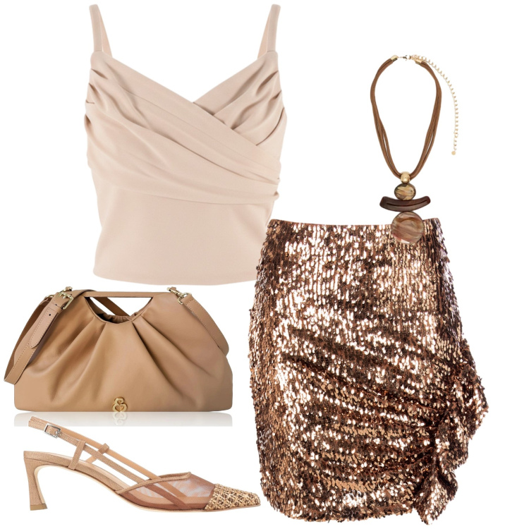Outfit donna - Luccicante. Stile Glamour per Serata fuori. Abbinamento con décolleté, clutch, ciondoli, top, minigonne.