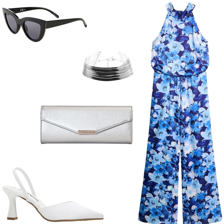 Outfit donna - La tuta in Satin lucido. Stile Chic per Serata fuori. Abbinamento con tute, décolleté, occhiali da sole, braccialetti, clutch.