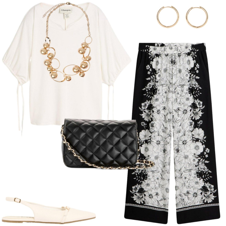 Outfit donna - L\'outfit rilassato e chic. Stile Chic per Serata fuori. Abbinamento con bluse, pantaloni a palazzo, ballerine, orecchini, borse a tracolla, collane.