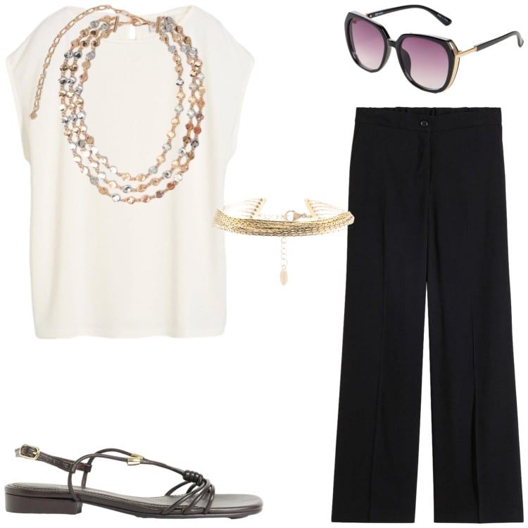 Outfit donna - Chic in estate. Stile Chic per Serata fuori. Abbinamento con canottiere, pantaloni, sandali, occhiali da sole, collane, braccialetti.