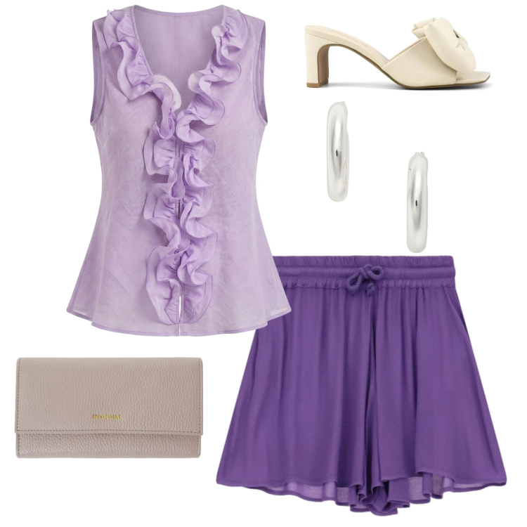 Outfit donna - Smorzando il calore. Stile Romantica per Serata fuori. Abbinamento con camicie a manica corta, portafogli, minigonne, orecchini, sandali col tacco.