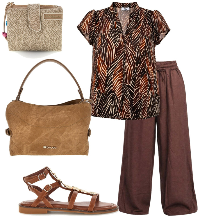 Outfit donna - I AM style. Stile Casual chic per Tutti i giorni. Abbinamento con bluse, pantaloni, portafogli, borse a tracolla, sandali.