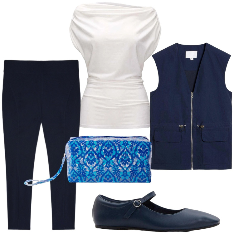 Outfit donna - Minimal style. Stile Glamour per Tutti i giorni. Abbinamento con gilet, ballerine, top, valigie, pantaloni.