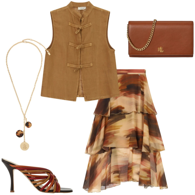 Outfit donna - Protagonista il leone. Stile Casual chic per Serata fuori. Abbinamento con sandali, gonne lunghe, top, borse a tracolla, collane.