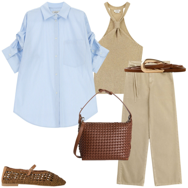 Outfit donna - La protagonista. Stile Casual chic per Tutti i giorni. Abbinamento con cinture, borse a spalla, camicie, pantaloni a palazzo, ballerine, top.