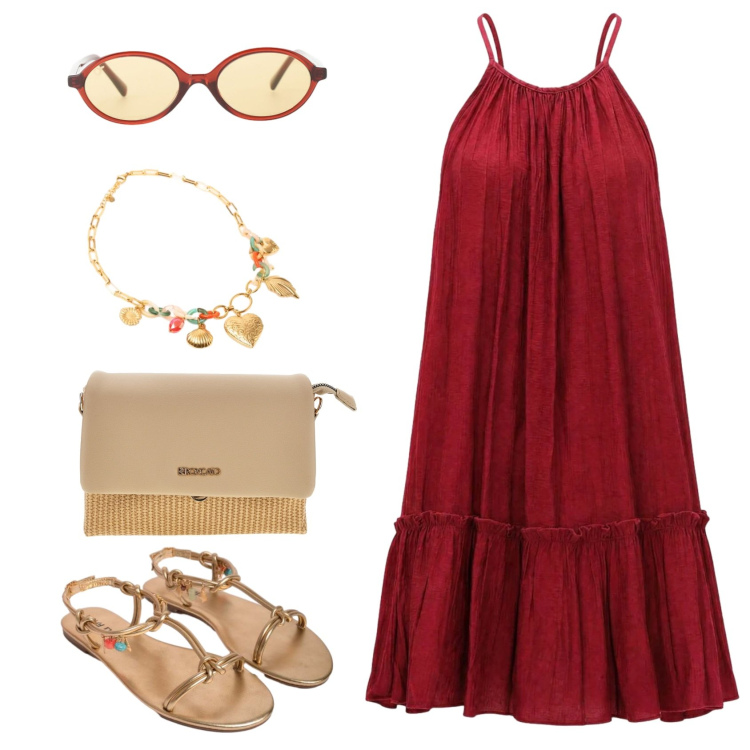 Outfit donna - Ruggente. Stile Boho per Tutti i giorni. Abbinamento con vestiti corti, occhiali da sole, sandali in pelle, collane, borse a spalla.