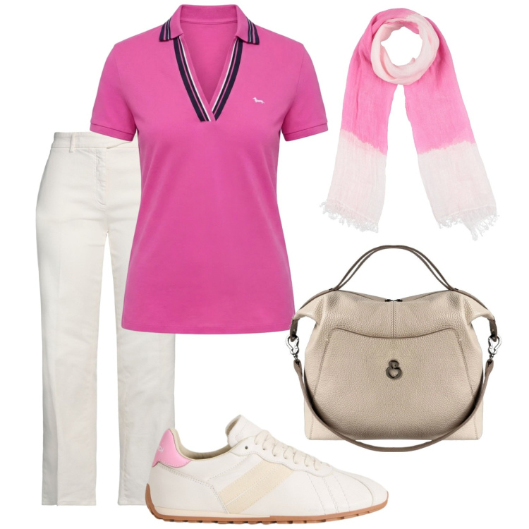 Outfit donna - Total look #2438323. Stile Sporty chic per Tutti i giorni. Abbinamento con jeans dritti, sciarpe, polo, borse a mano, sneakers.