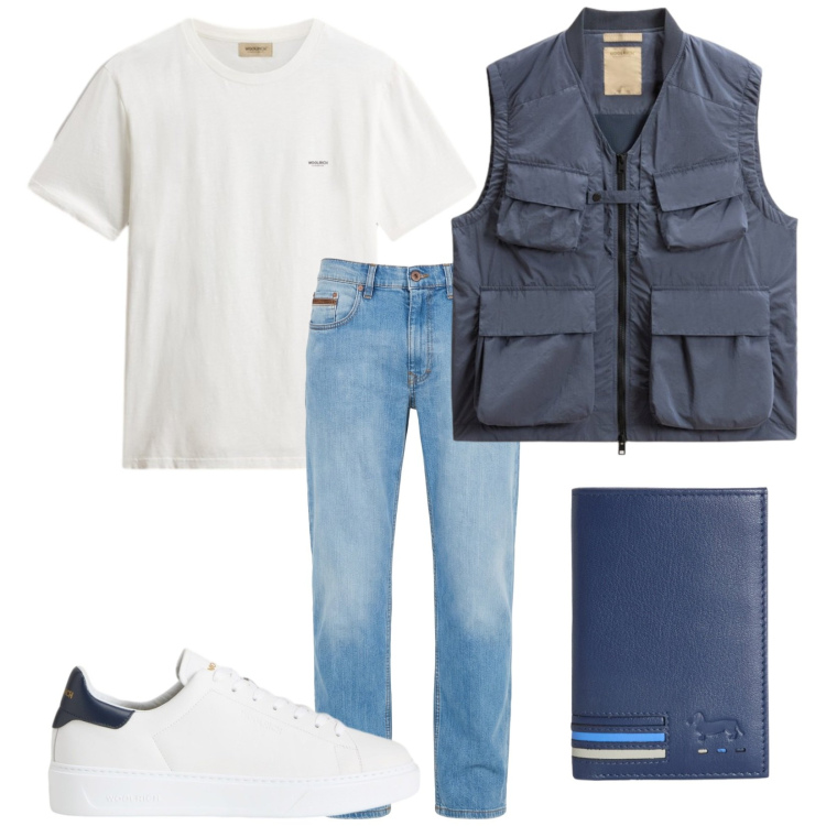Outfit uomo - Total look #2438328. Stile Casual per Tutti i giorni. Abbinamento con jeans, portafogli, gilet, sneakers, t-shirt.