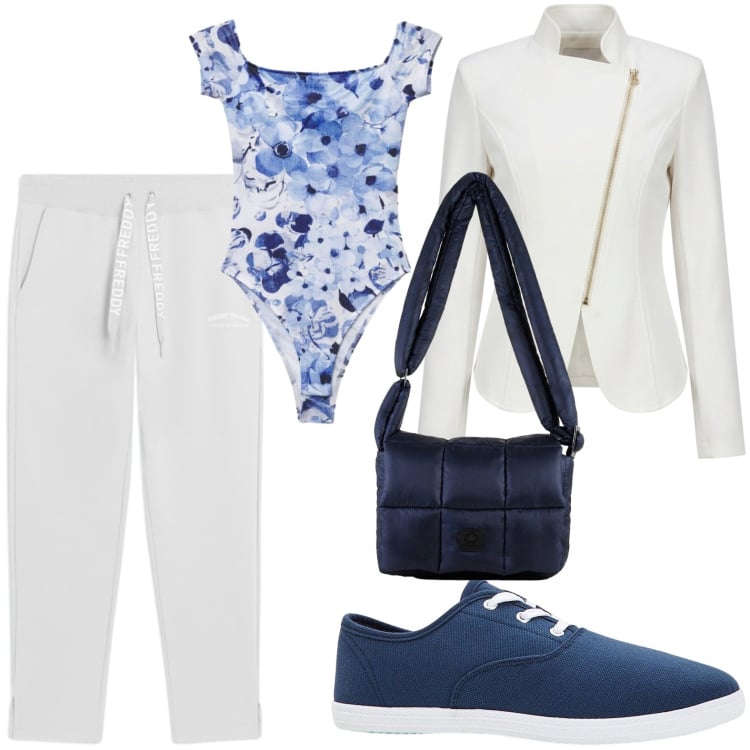Outfit donna - Body con stampa. Stile Sporty chic per Tutti i giorni. Abbinamento con sneakers, top, blazer, pantaloni, borse a spalla.
