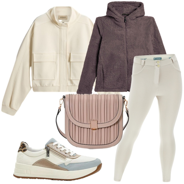 Outfit donna - Giornata relax. Stile Casual per Tutti i giorni. Abbinamento con sneakers, borse a tracolla, felpe con cappuccio, pantaloni skinny, bomber.