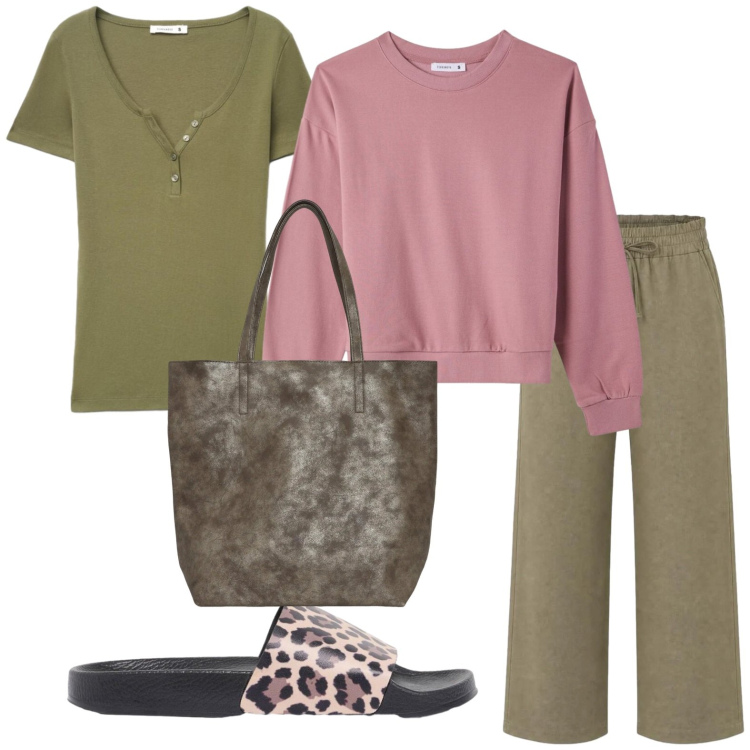 Outfit donna - Minimal style. Stile Casual per Tutti i giorni. Abbinamento con ciabatte, pantaloni, t-shirt, shopping bag, felpe.