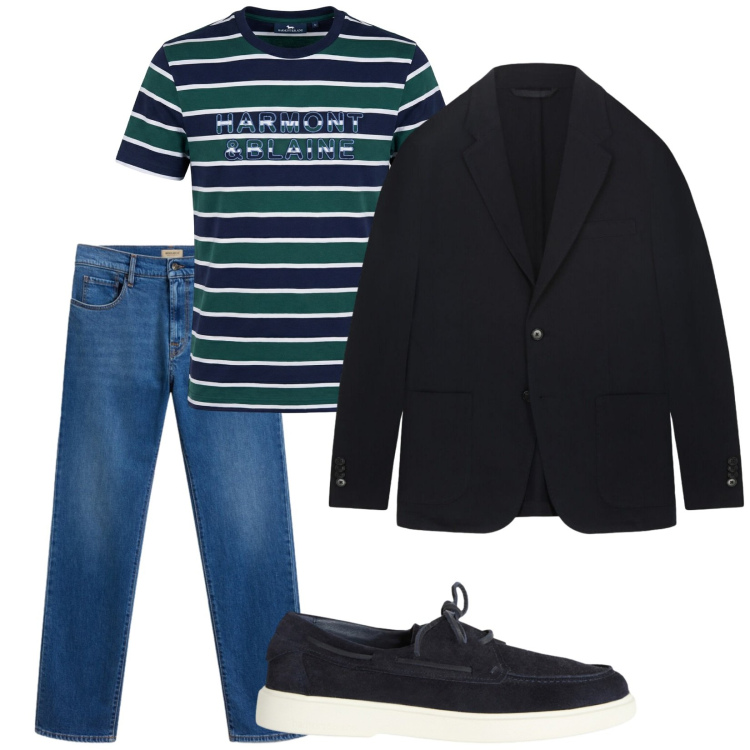 Outfit uomo - Giacca blu. Stile Trendy per Serata speciale. Abbinamento con scarpe stringate, t-shirt, giacche, jeans.