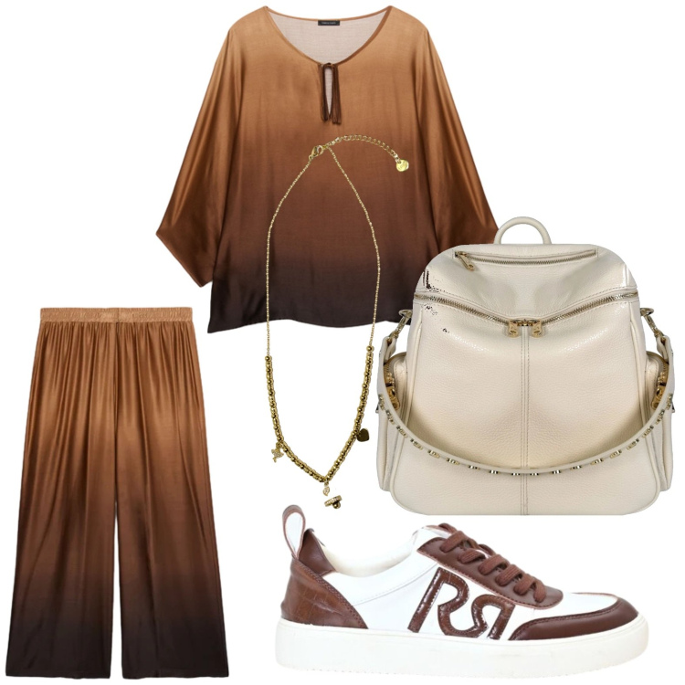 Outfit donna - Sfumature brown. Stile Glamour per Tutti i giorni. Abbinamento con zaini, ciondoli, pantaloni a palazzo, bluse, sneakers.