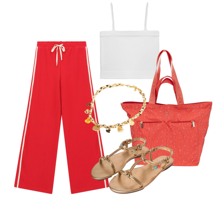 Outfit donna - Luglio. Stile Sporty chic per Tutti i giorni. Abbinamento con top, pantaloni a palazzo, sandali in pelle, collane, borse a mano.