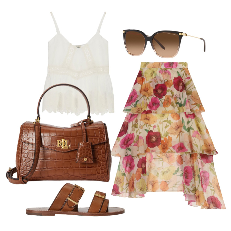 Outfit donna - Luglio. Stile Trendy per Tutti i giorni. Abbinamento con gonne longuette, top, occhiali da sole, sandali in pelle, borse a mano.