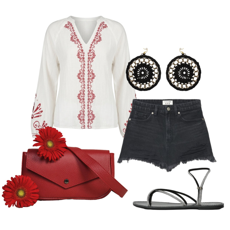 Outfit donna - Luglio. Stile Boho per Tutti i giorni. Abbinamento con sandali, shorts, borse a tracolla, orecchini, bluse.