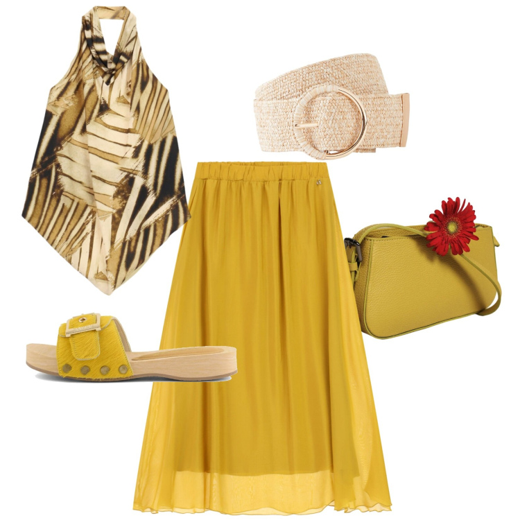 Outfit donna - Raggi di luce. Stile Etnico per Tutti i giorni. Abbinamento con cinture, borse a spalla, top, gonne lunghe, ciabatte.