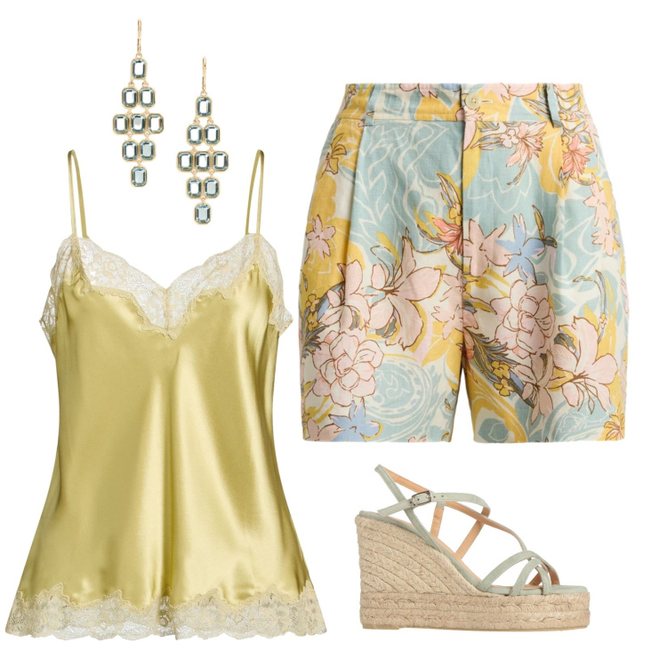 Outfit donna - Oro floreale. Stile Romantica per Tutti i giorni. Abbinamento con espadrillas, top, minigonne, orecchini.