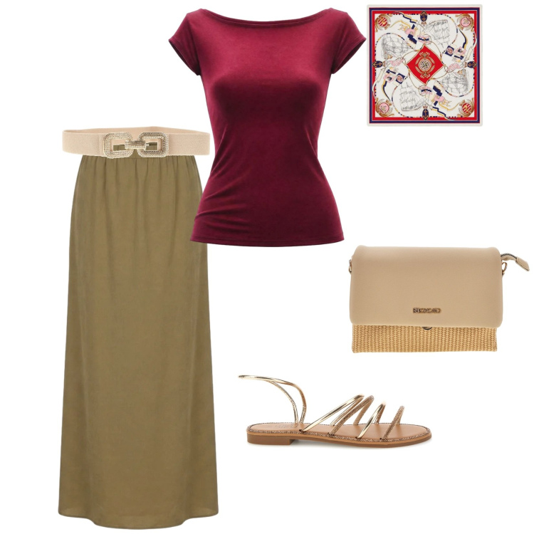 Outfit donna - Gonna lunga. per Tutti i giorni. Abbinamento con gonne lunghe, foulard, top, cinture, borse a spalla, sandali.
