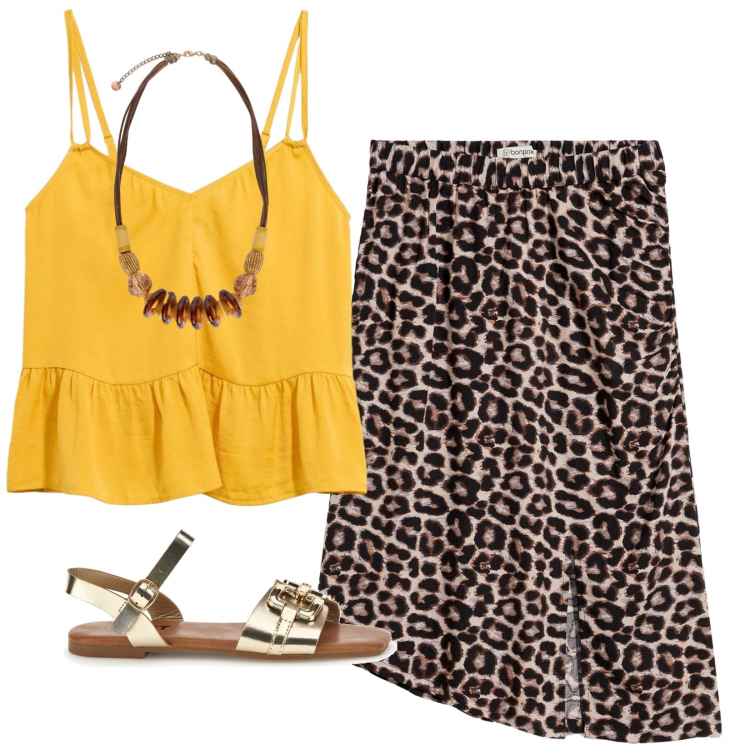 Outfit donna - Giallo selvaggio. Stile Casual per Serata fuori. look ideale per Tall. Abbinamento con top, gonne, collane, sandali.