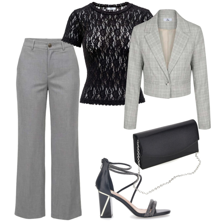 Outfit donna - Compleanno di sera. per Serata fuori. Abbinamento con top, pantaloni, blazer, sandali col tacco, borse a tracolla.