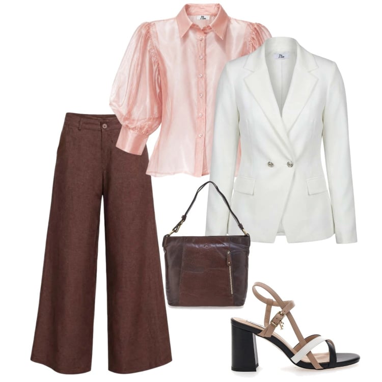 Outfit donna - In riunione. per Scuola/Università. Abbinamento con camicie a manica corta, blazer, pantaloni a palazzo, sandali col tacco, borse a spalla.
