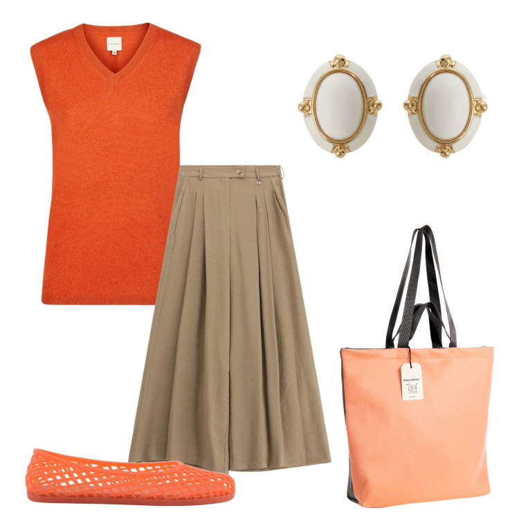 Outfit donna - Total look #2438359. Stile Casual chic per Tutti i giorni. Abbinamento con maglieria, orecchini, pantaloni a palazzo, borse tote, ballerine.