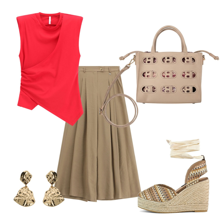 Outfit donna - Total look #2438368. Stile Casual chic per Ufficio. Abbinamento con pantaloni a palazzo, orecchini, top, zeppe, borse a mano.