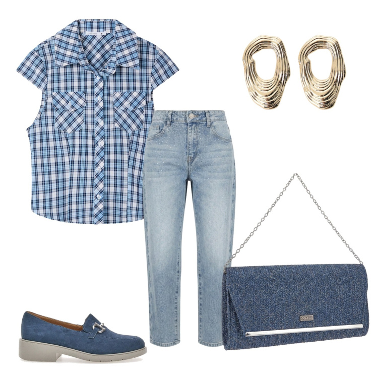 Outfit donna - Total look #2438370. Stile Casual chic per Tutti i giorni. Abbinamento con camicie a manica corta, orecchini, jeans, clutch, mocassini.