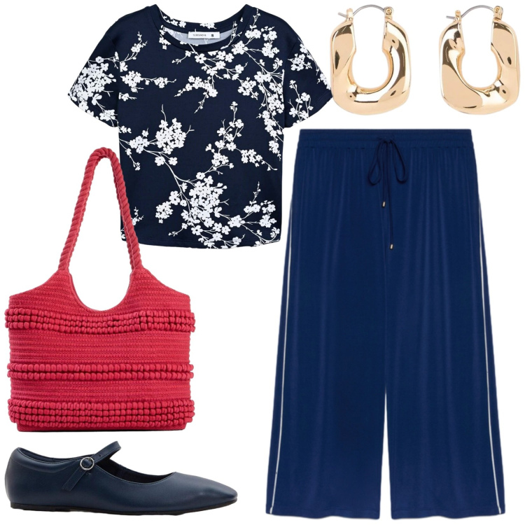 Outfit donna - Total look #2438378. Stile Casual chic per Tutti i giorni. Abbinamento con shopping bag, orecchini, ballerine, t-shirt, pantaloni.