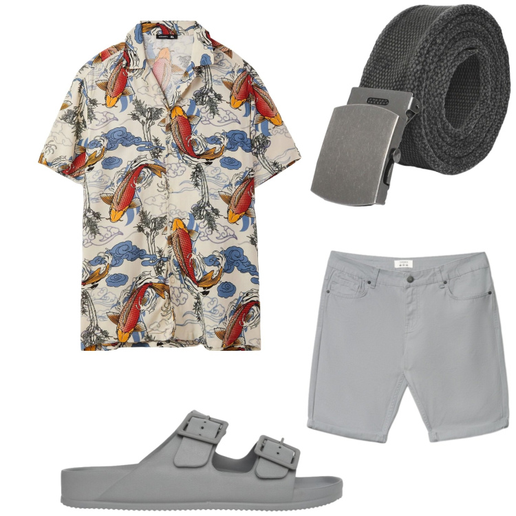 Outfit uomo - Total look #2438382. Stile Trendy per Mare. Abbinamento con camicie a manica corta, sandali, bermuda, cinture.