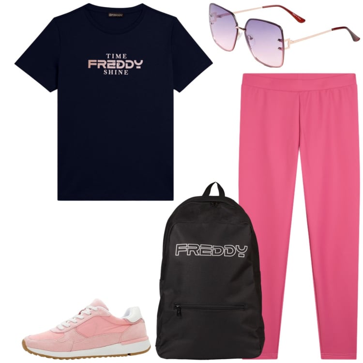 Outfit donna - Total look #2438392. Stile Trendy per Sport. Abbinamento con sneakers, occhiali da sole, t-shirt, leggings, zaini.