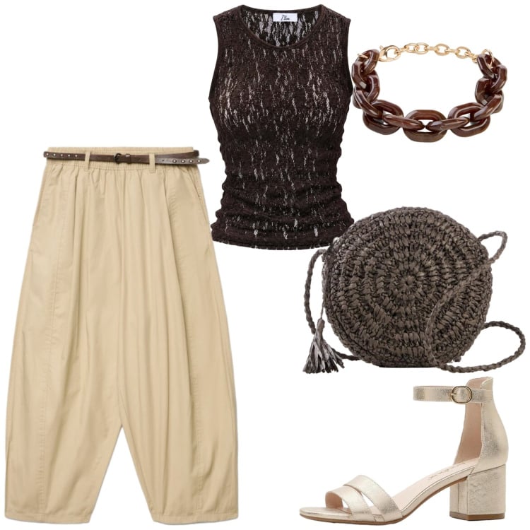 Outfit donna - Total look #2438393. Stile Trendy per Serata fuori. Abbinamento con borse a tracolla, sandali col tacco, braccialetti, top, pantaloni.